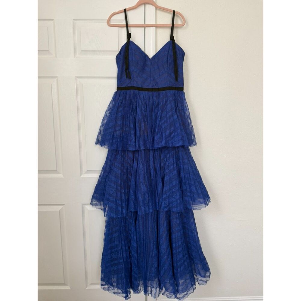 Marchesa Notte - SZ 14 long cobalt blue tiered lace gown